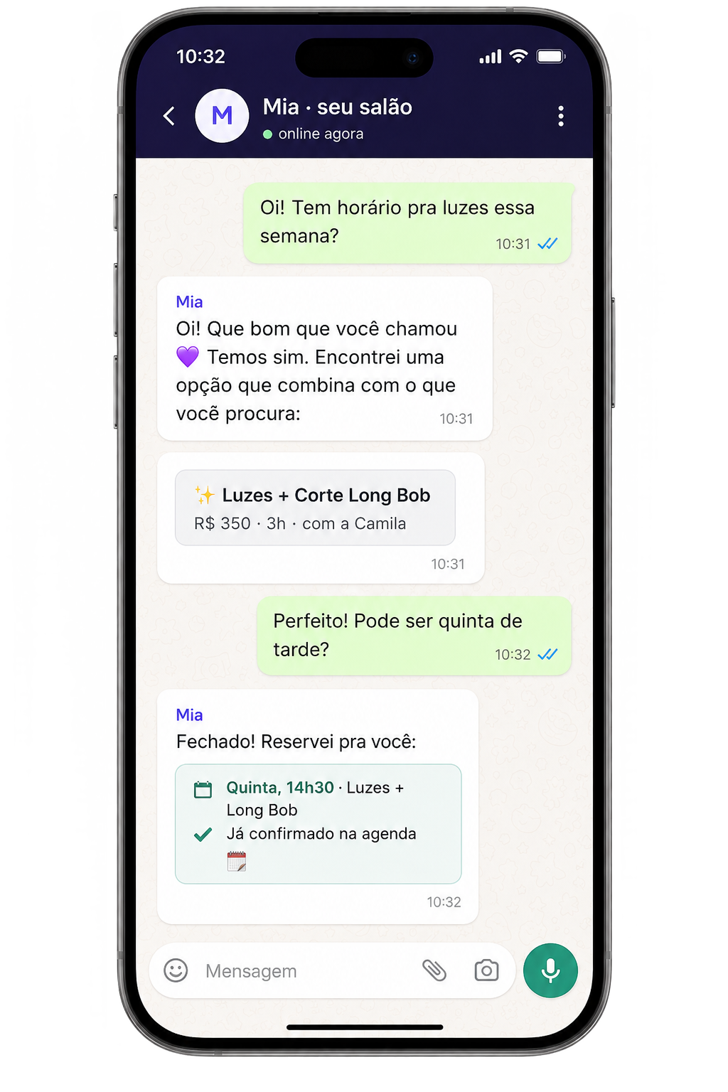 Mia atendendo pelo WhatsApp — agendamento automático na Trinks